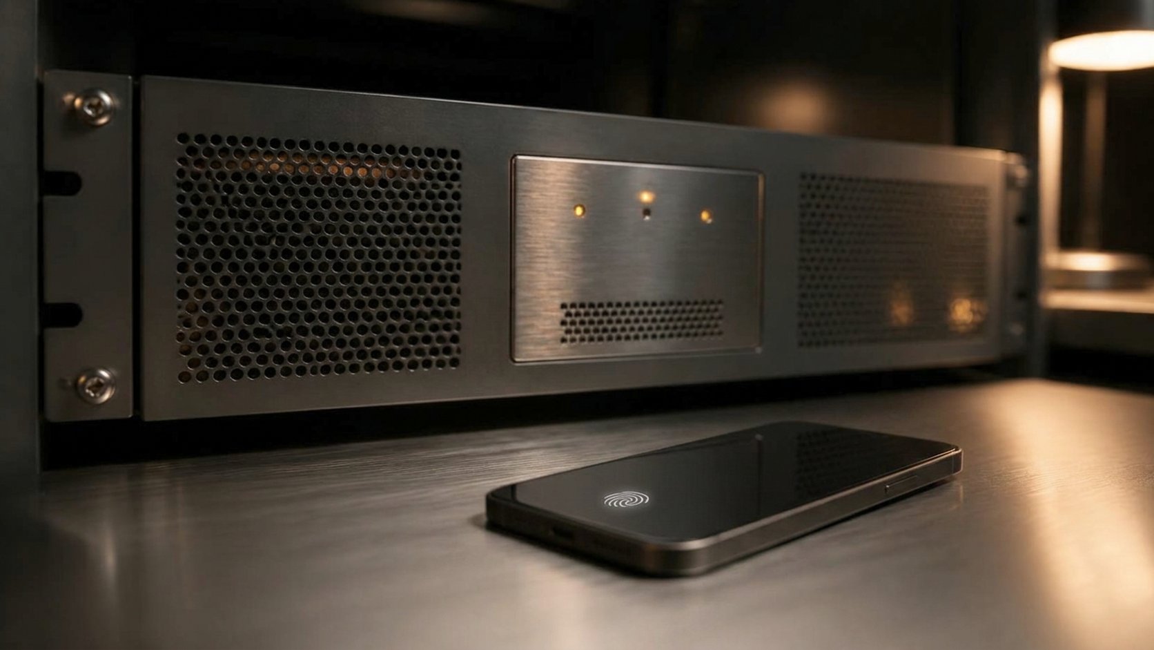 A phone on a steel desk showing a fingerprint approval prompt on an otherwise blank screen, in front of a rack-mounted unit with amber status lights.