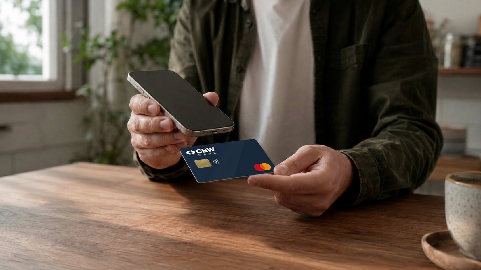 A person at a wood table holds a phone in one hand and a plain navy card in the other.