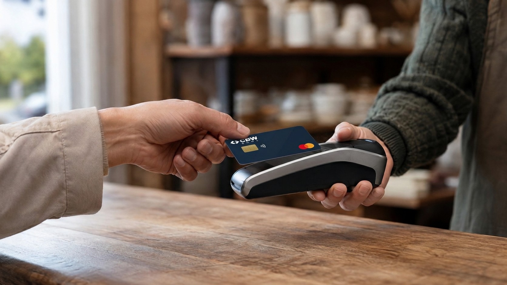 A customer taps a plain navy card on a handheld terminal held out by a shop owner.