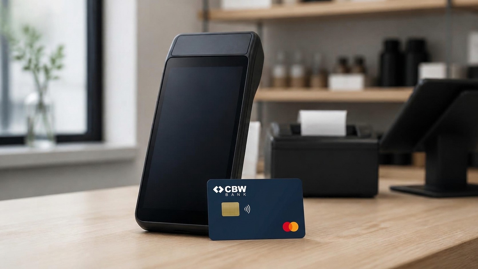 A customer taps a card on a countertop payment terminal at a small business.