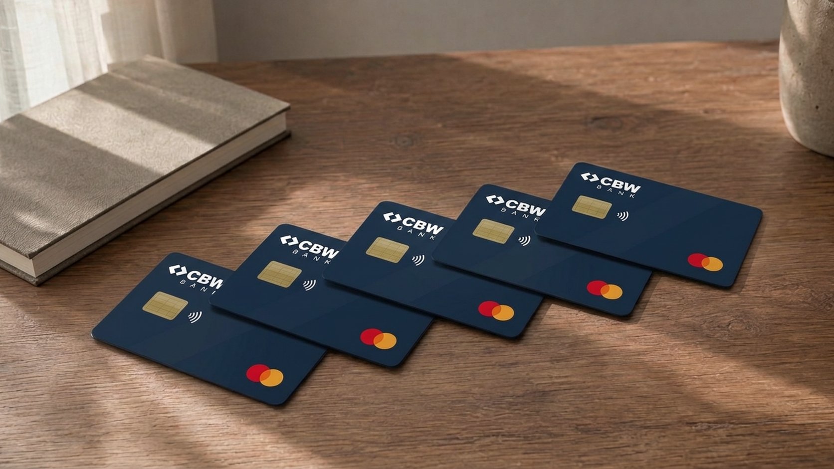 Five matte navy CBW Mastercard cards fanned out on a sunlit oak desk beside a notebook, each with a gold EMV chip and contactless mark.