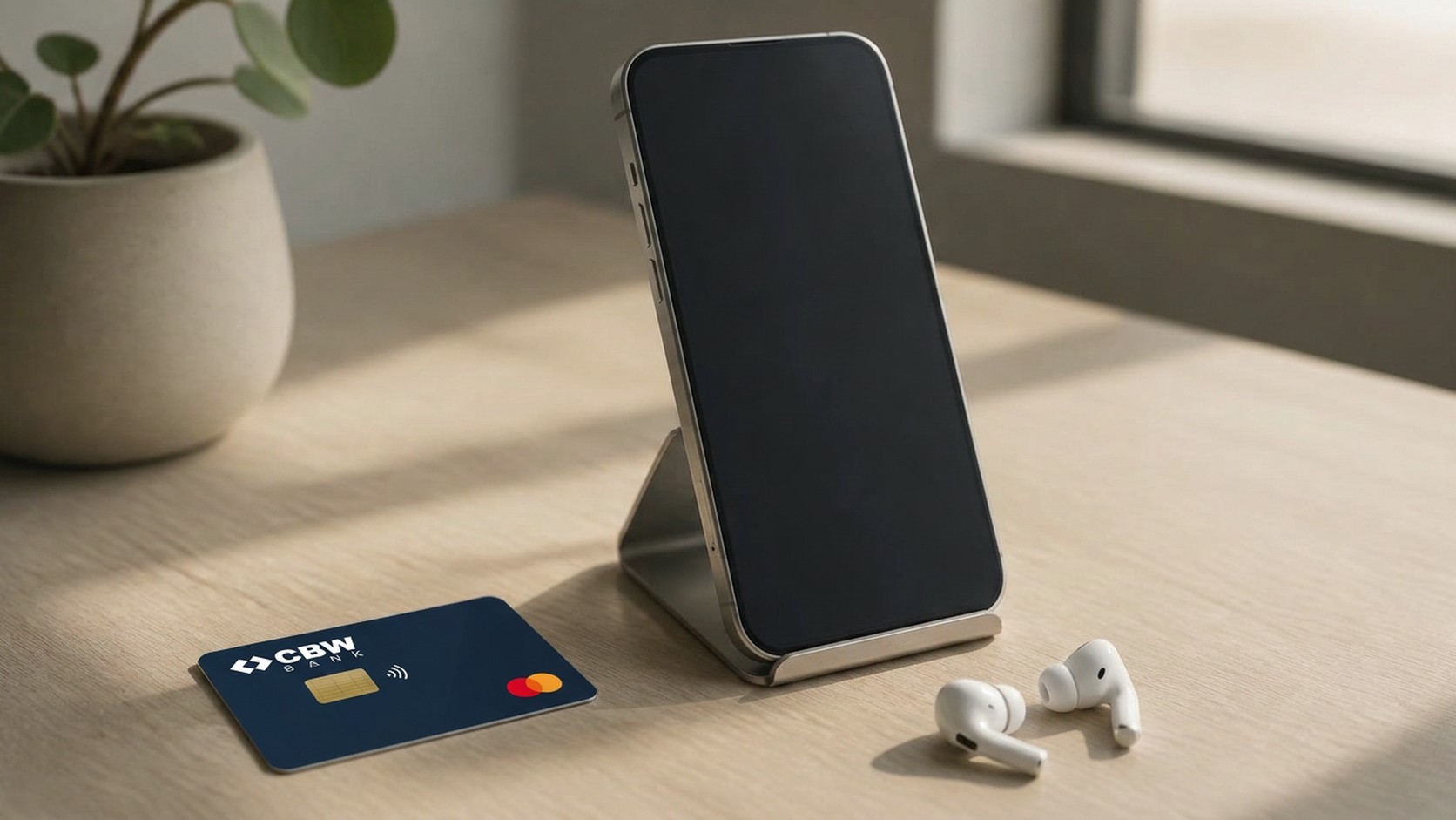 A phone with a blank screen in an aluminium desk stand beside a plain navy card and wireless earbuds in morning light.