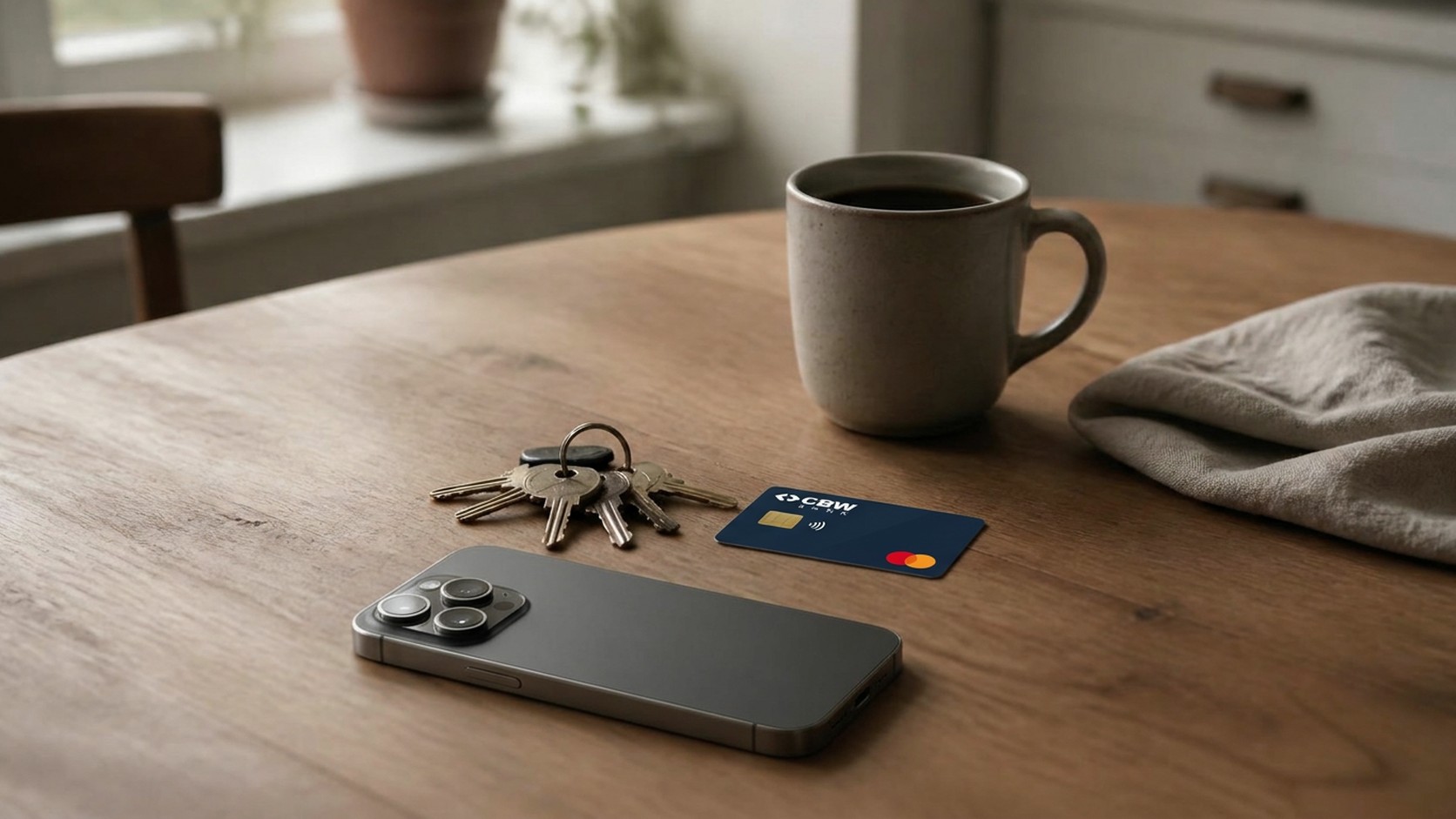 A set of house keys, a plain navy card, a phone face down, and a mug of coffee on an oak kitchen table in morning light.
