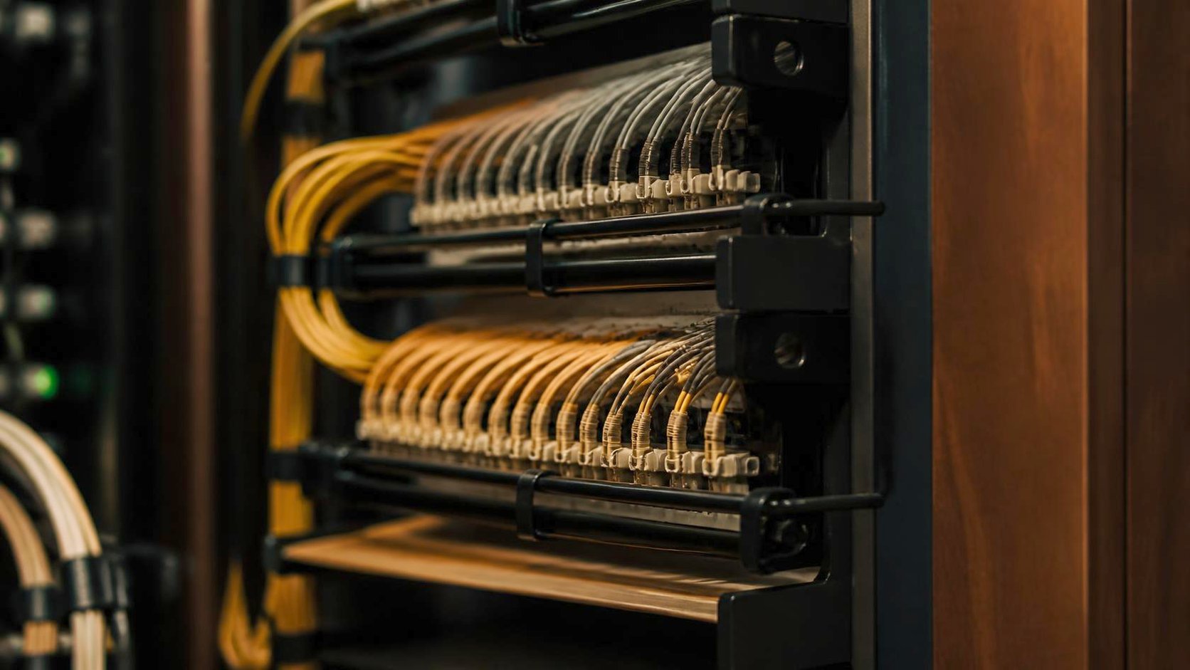 A network cabinet patch panel with neatly dressed amber and grey fiber patch cords behind cable management combs.